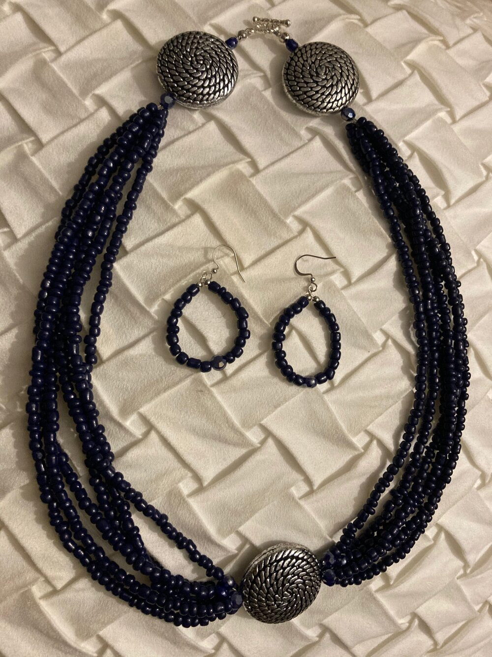 Navy Blue Seed Bead Set Multi Strand Necklace and Hoops Earrings