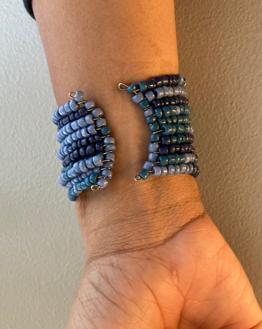 Blue Seed Bead Swarovski Crystal Cuff Bracelet