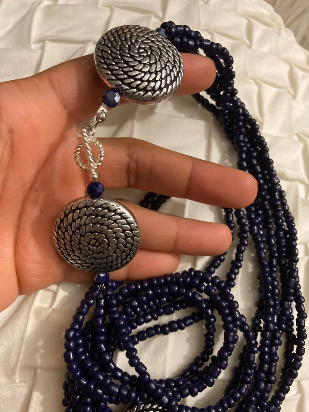 Navy Blue Seed Bead Set Multi Strand Necklace and Hoops Earrings