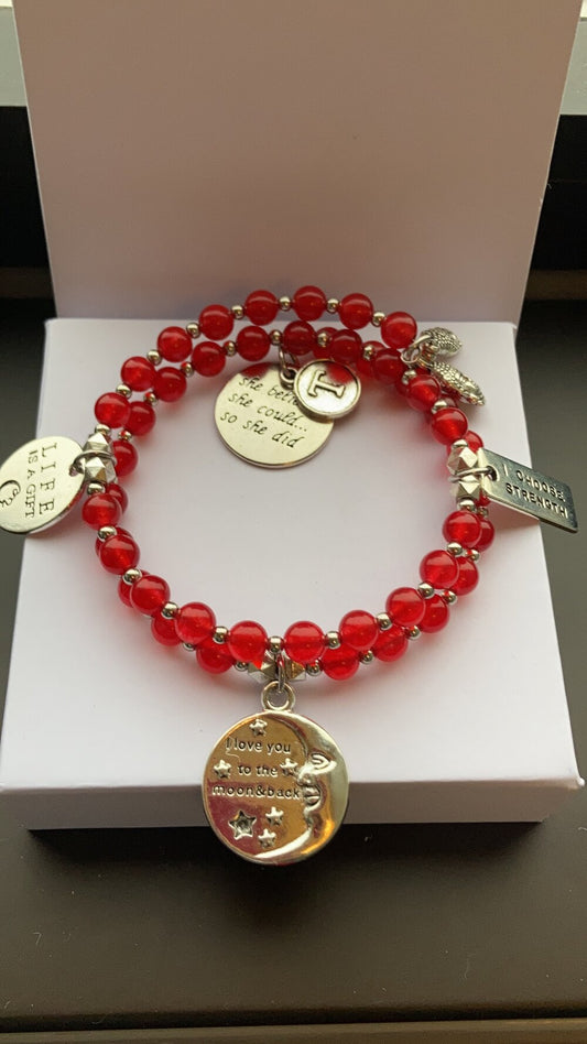 Red Quartz Inspirational Memory Bracelet With Silver Inspirational Charms