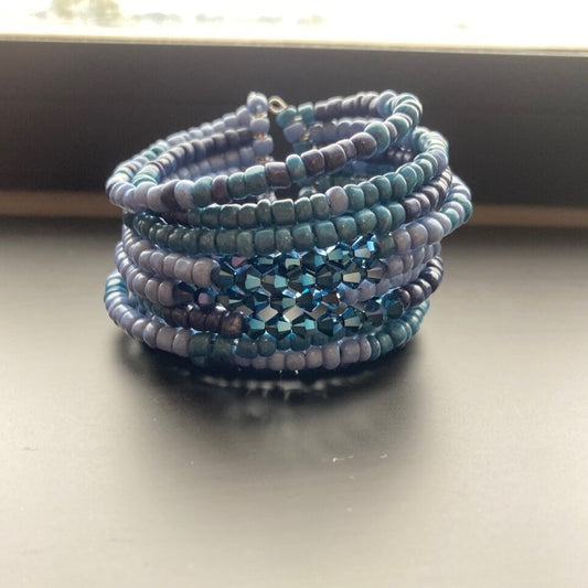 Blue Seed Bead Swarovski Crystal Cuff Bracelet