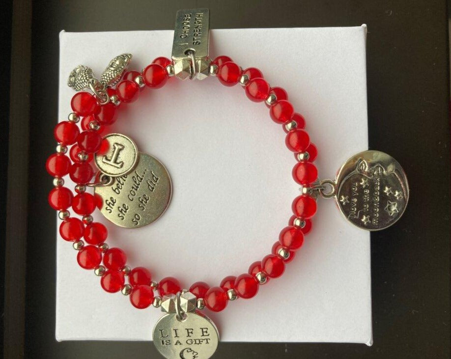 Red Quartz Inspirational Memory Bracelet With Silver Inspirational Charms