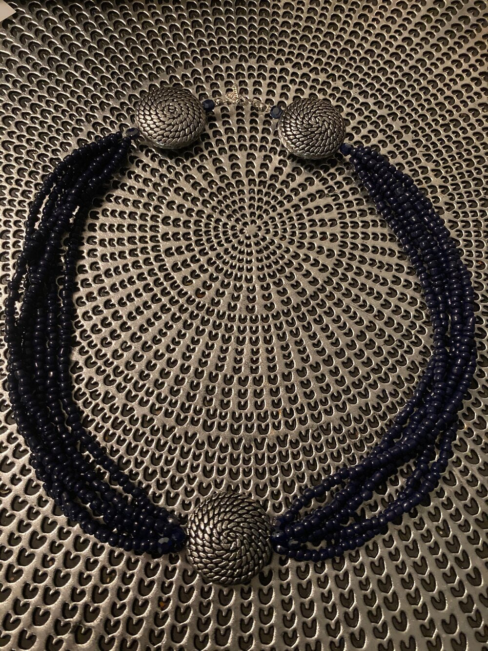 Navy Blue Seed Bead Set Multi Strand Necklace and Hoops Earrings