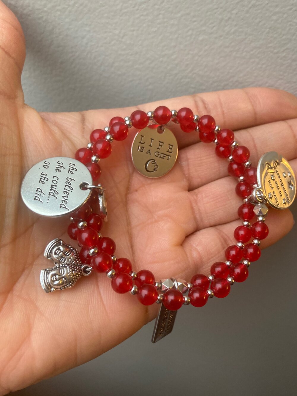 Red Quartz Inspirational Memory Bracelet With Silver Inspirational Charms