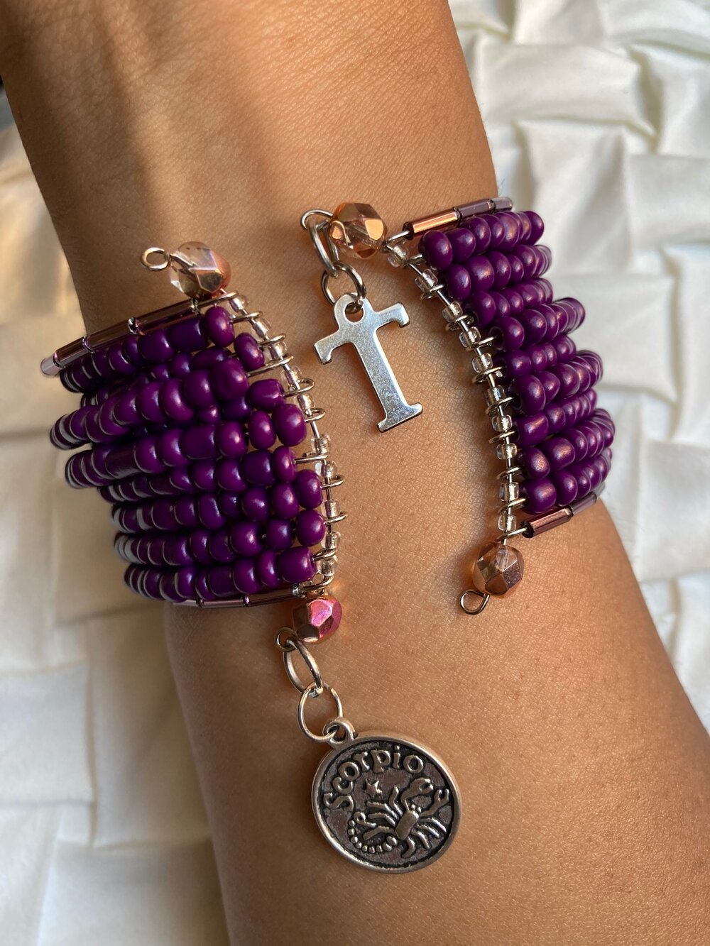 Purple Personalized Czech Bead Cuff Bracelet