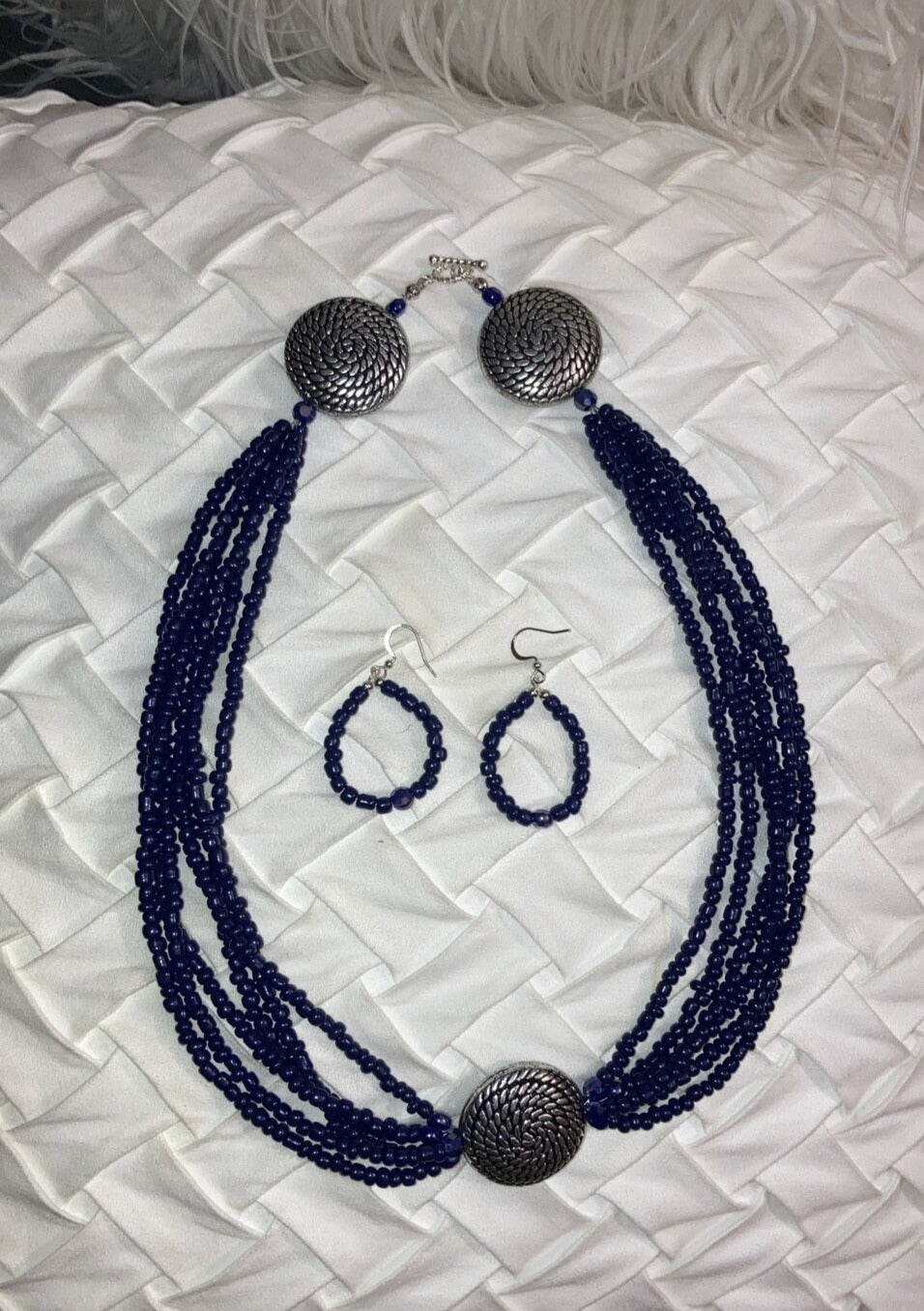 Navy Blue Seed Bead Set Multi Strand Necklace and Hoops Earrings