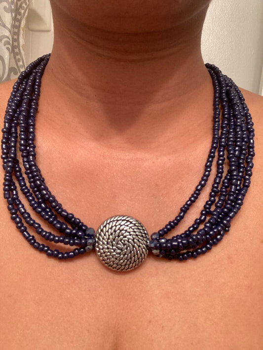 Navy Blue Seed Bead Set Multi Strand Necklace and Hoops Earrings