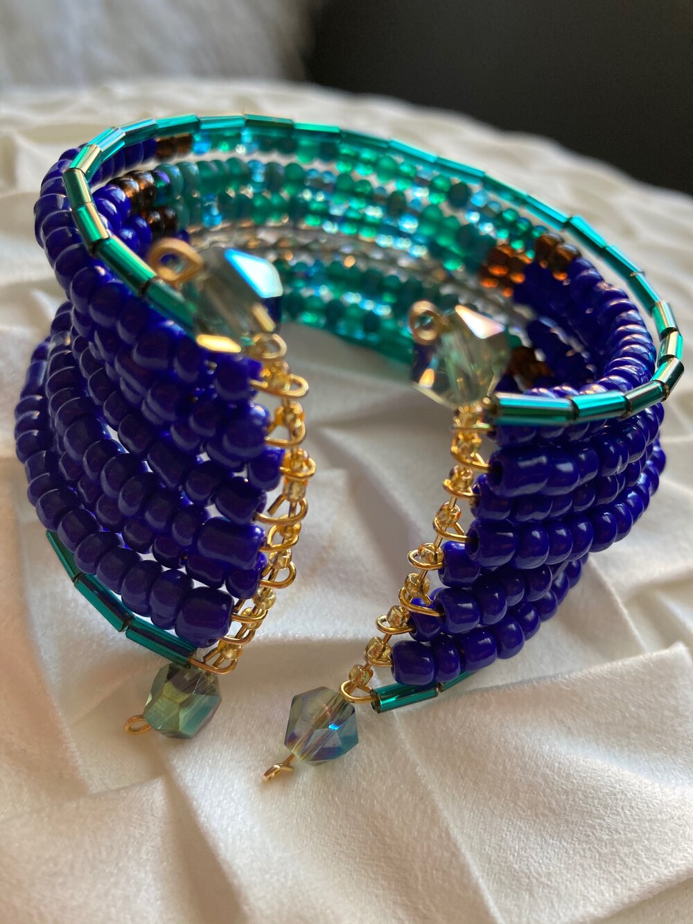 Hued Blue Czech Bead Cuff Bracelet