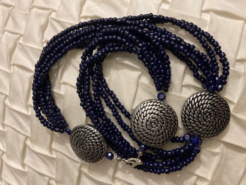 Navy Blue Seed Bead Set Multi Strand Necklace and Hoops Earrings